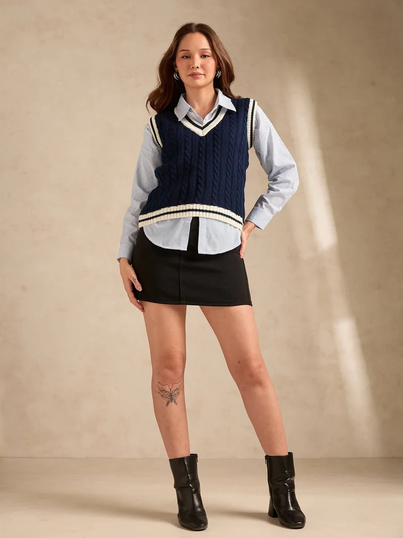 Outzidr Navy Blue Varsity Contrast Tipping Sweater